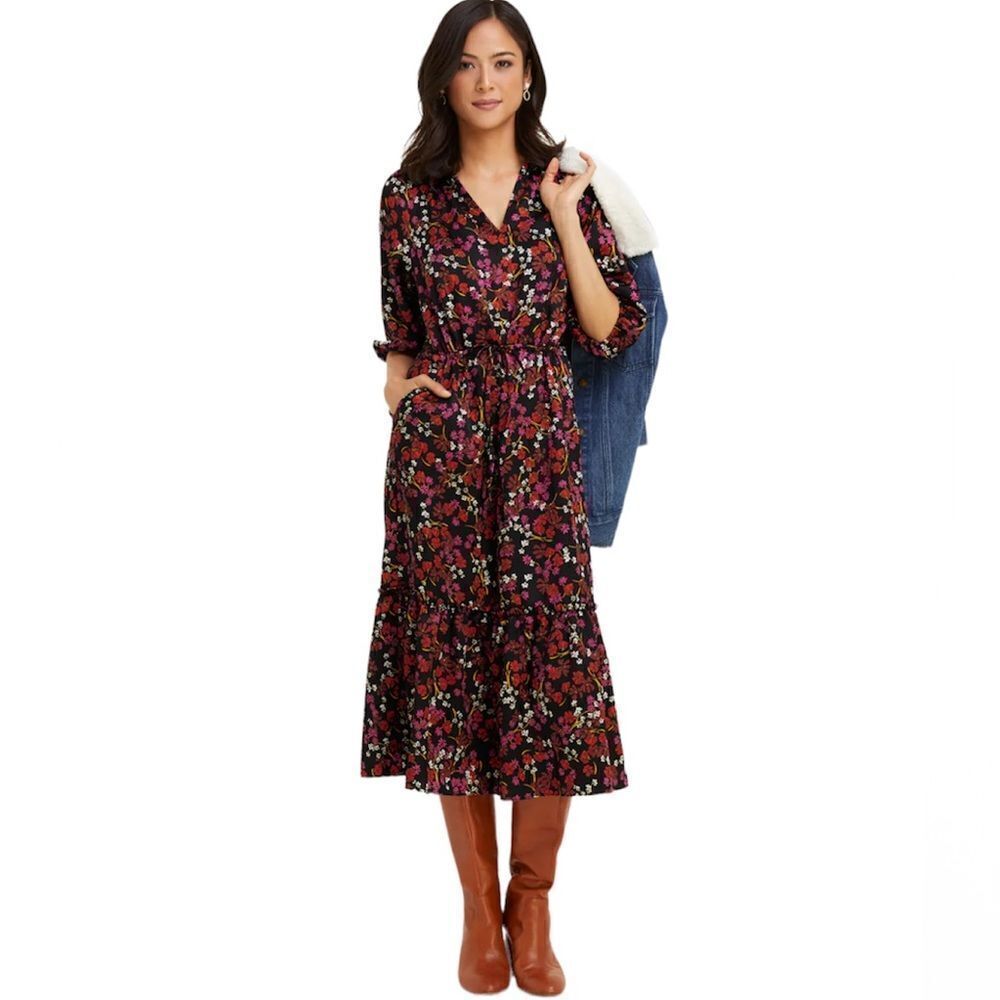 Draper James Black Floral Midi Dress